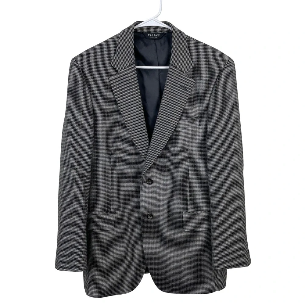 Jos. A. Bank Mens 40R Silk Wool Houndstooth‎ Blazer Sport Coat Black White Brown
